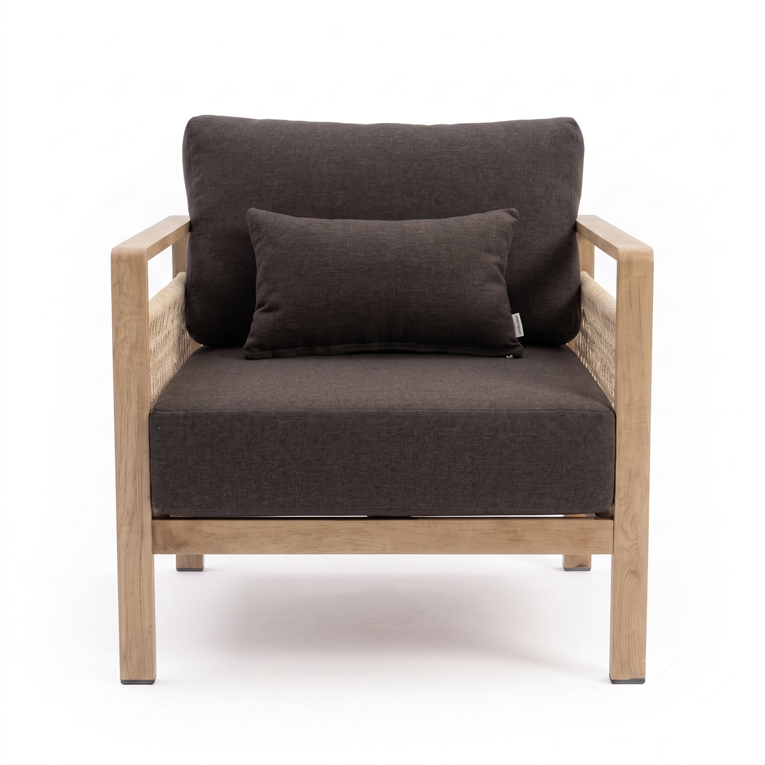 Modern armchair with wood frame and dark cushion on white background