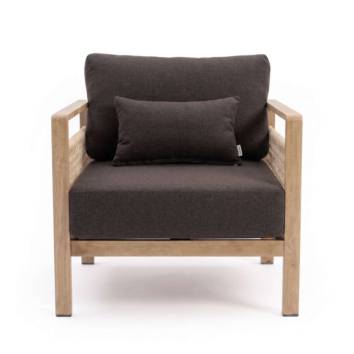 Modern armchair with wood frame and dark cushion on white background