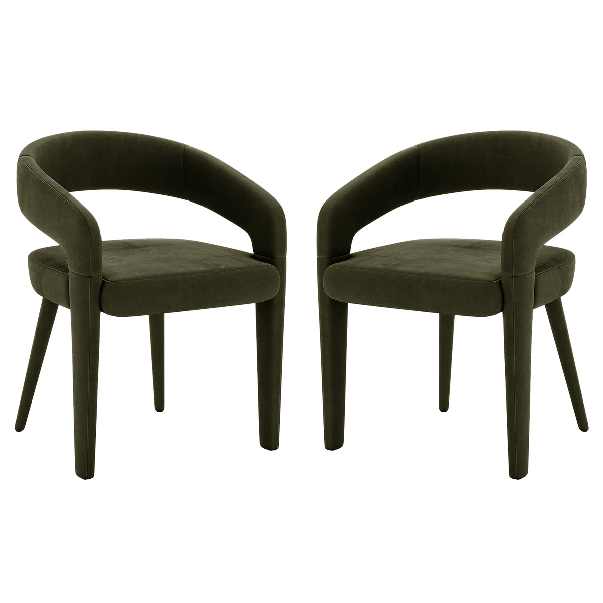 Eisha Velvet Dining Chair Set of 2 in Woodland Green features curved open backrests, plush upholstery, and tapered legs, offering modern elegance and comfort, ideal for enhancing dining spaces.