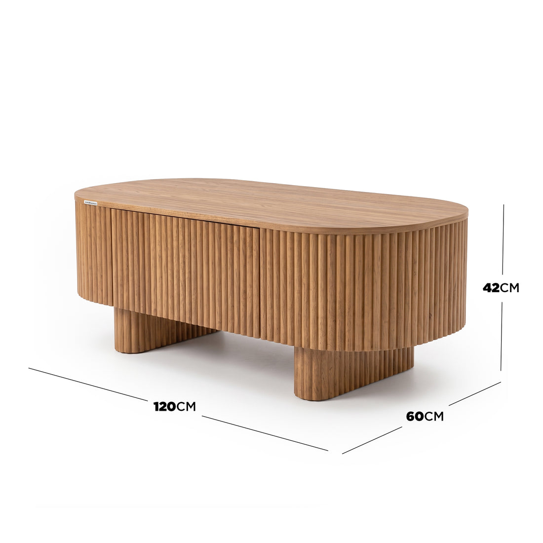 Oval wooden coffee table on white background with dimensions shown
