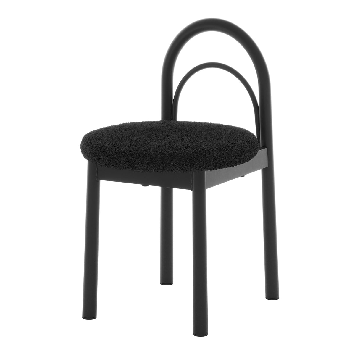 Modern black chair with a rounded padded seat and double-arched backrest on a white background