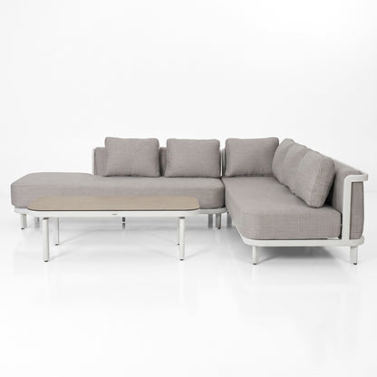 Modern L-shaped sectional sofa with built-in coffee table on a white background.