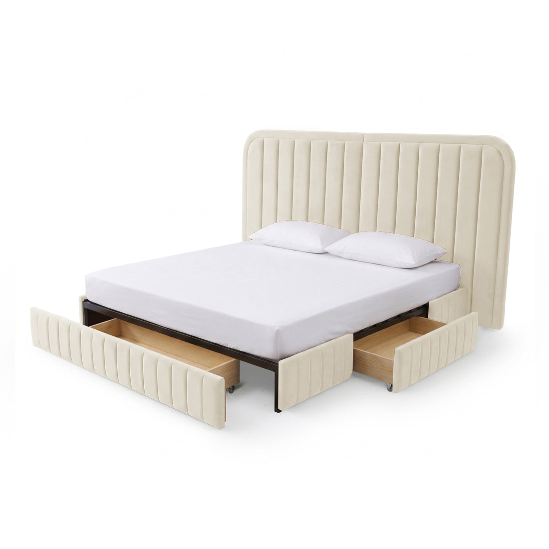 Upholstered bed with open storage drawers on white background