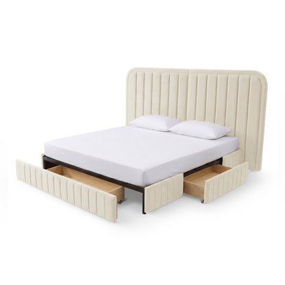 Upholstered bed with open storage drawers on white background