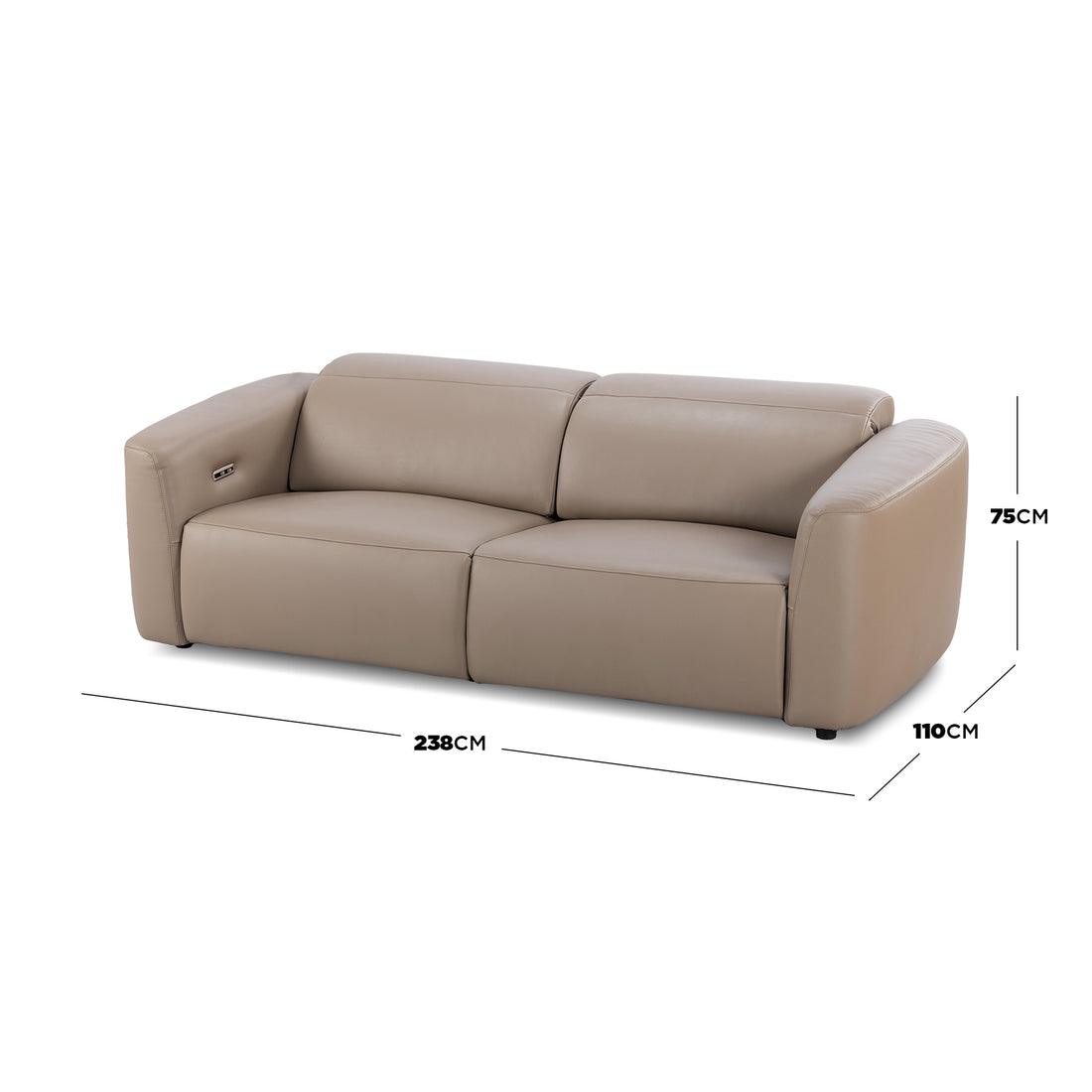 Light brown leather sofa on white background with width, depth, and height dimensions shown