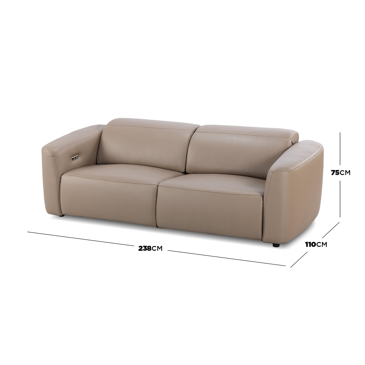 Light brown leather sofa on white background with width, depth, and height dimensions shown