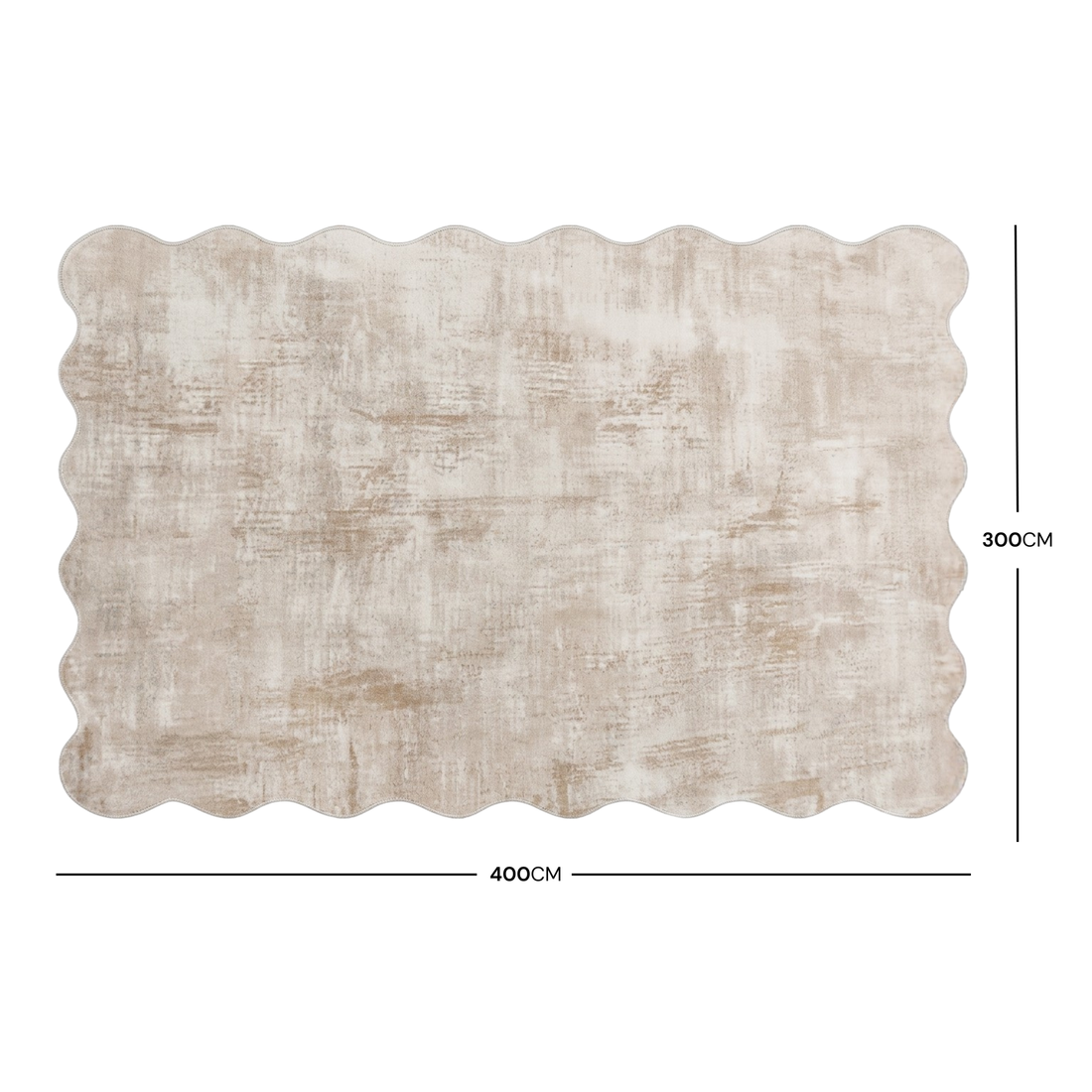Beige wavy-edged rug with 400cm by 300cm dimensions shown on a white background
