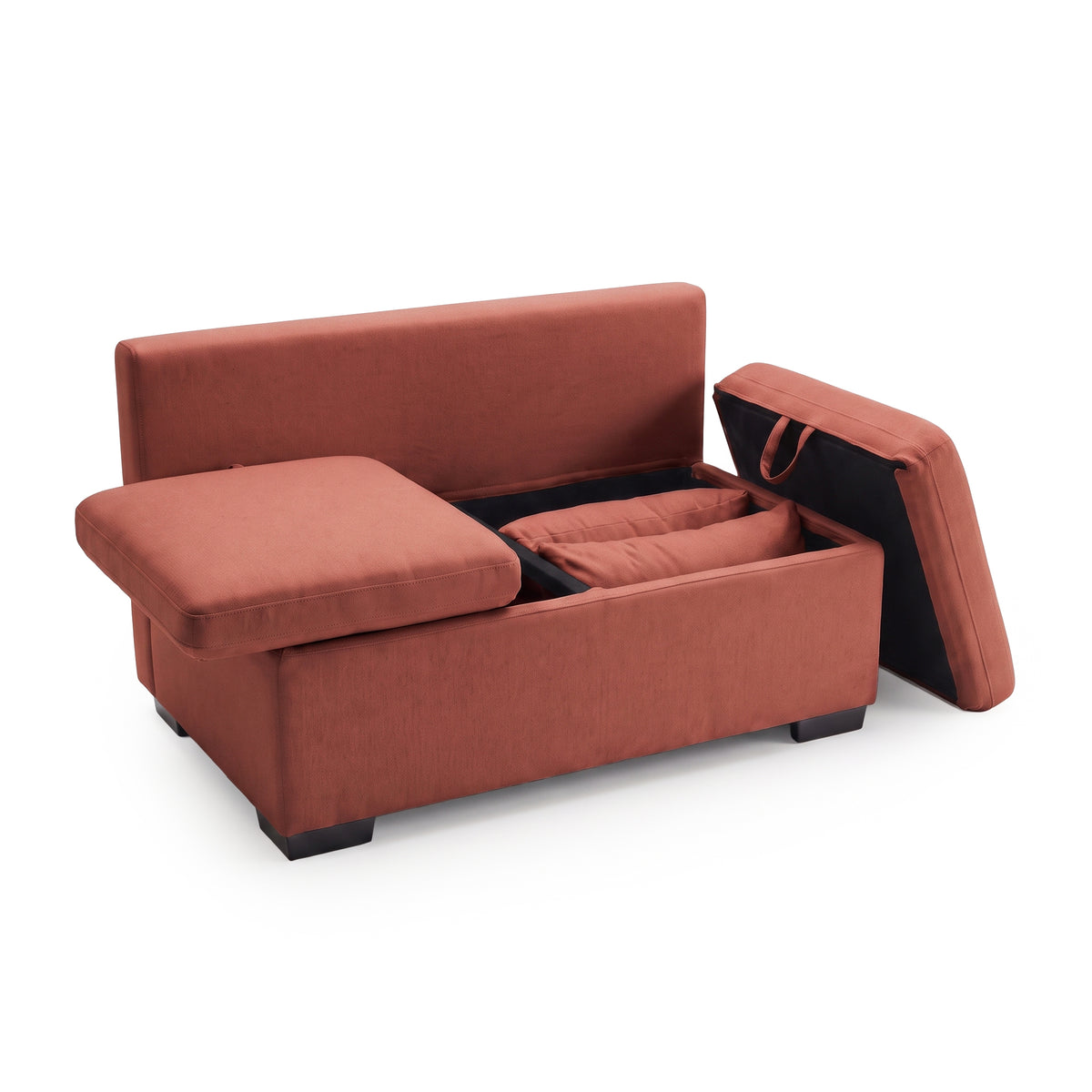 Open terracotta storage ottoman with removable cushions