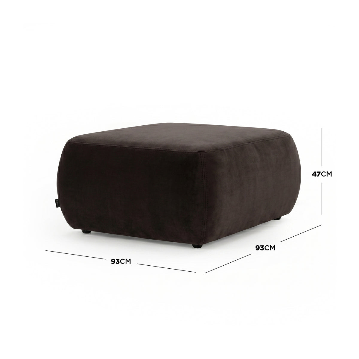 Square dark brown ottoman with dimensions labeled (47 cm height, 93 cm width/depth) on white background
