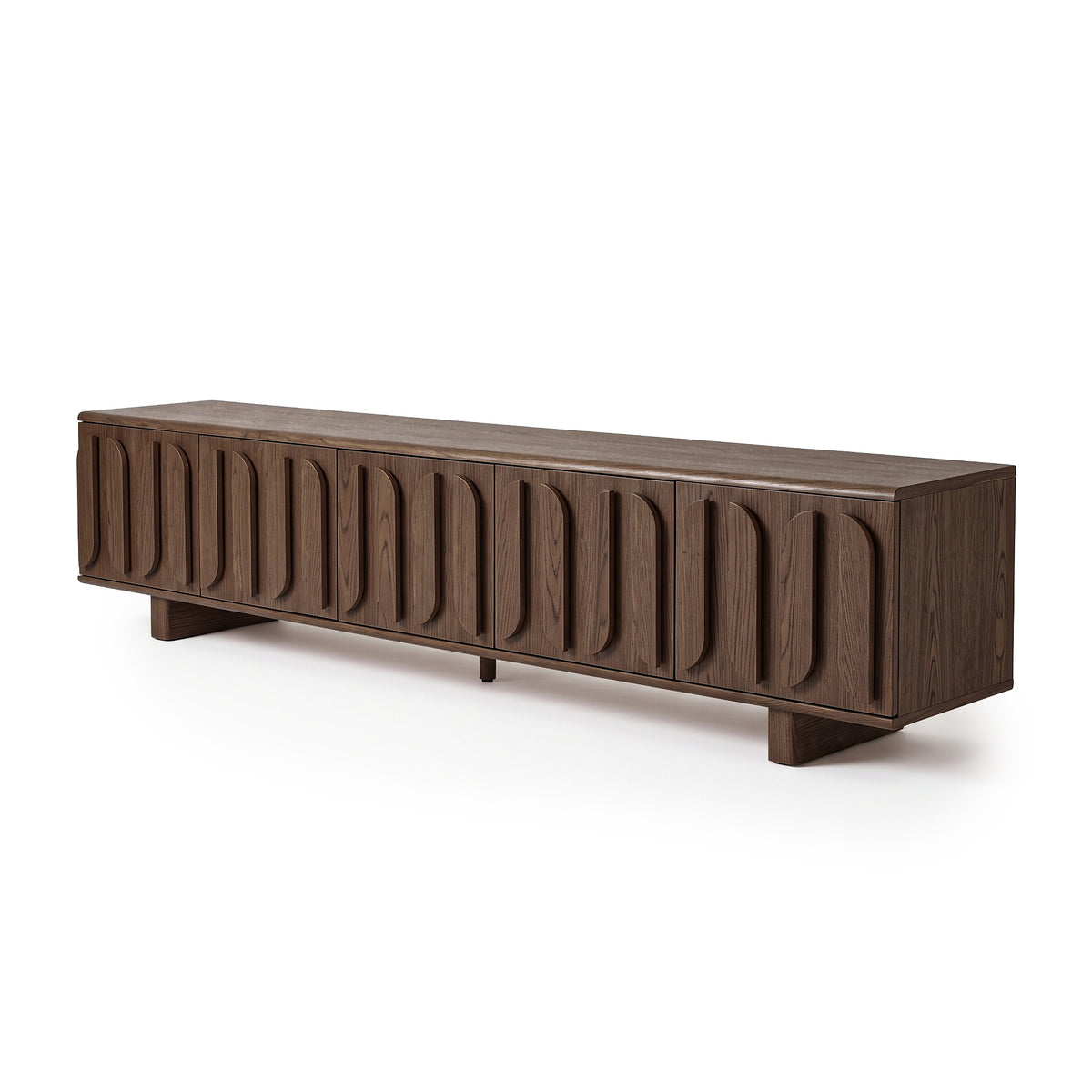Modern wooden sideboard photographed on a white background at an angle