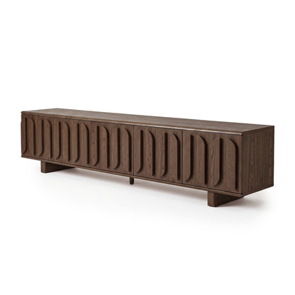 Modern wooden sideboard photographed on a white background at an angle