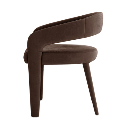 Eisha Velvet Dining Chair Set of 2 in Deep Mocha Brown, featuring a curved low-back design, plush velvet upholstery, and tapered legs, offering modern elegance and comfort for dining spaces.