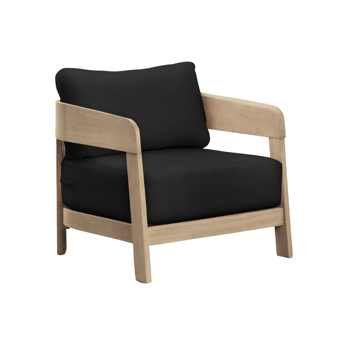 Elani 5 Seater Acacia Hardwood Outdoor Sofa Set in Black, featuring a light-wood frame with curving armrests and plush black-upholstered cushions, offers stylish comfort and durability for alfresco lounging.