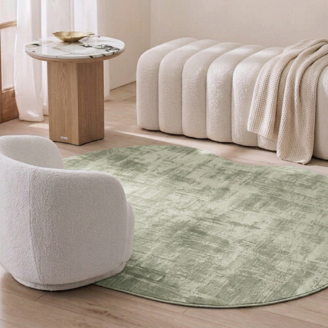 Light green textured rug in a modern living room with furniture and decor