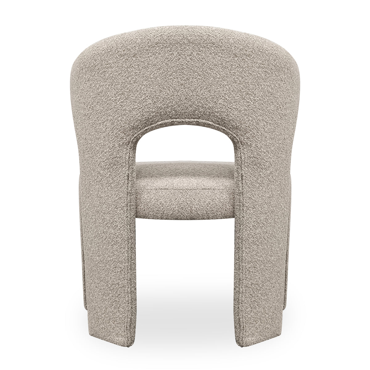 Lunari Bouclé Curved Accent Chair in Beige, showcasing a modern rear view with a curved backrest, split legs, and a cut-out design, upholstered in textured bouclé fabric.
