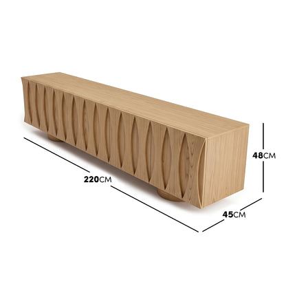 Wooden sideboard on white background with width, depth, and height dimensions marked