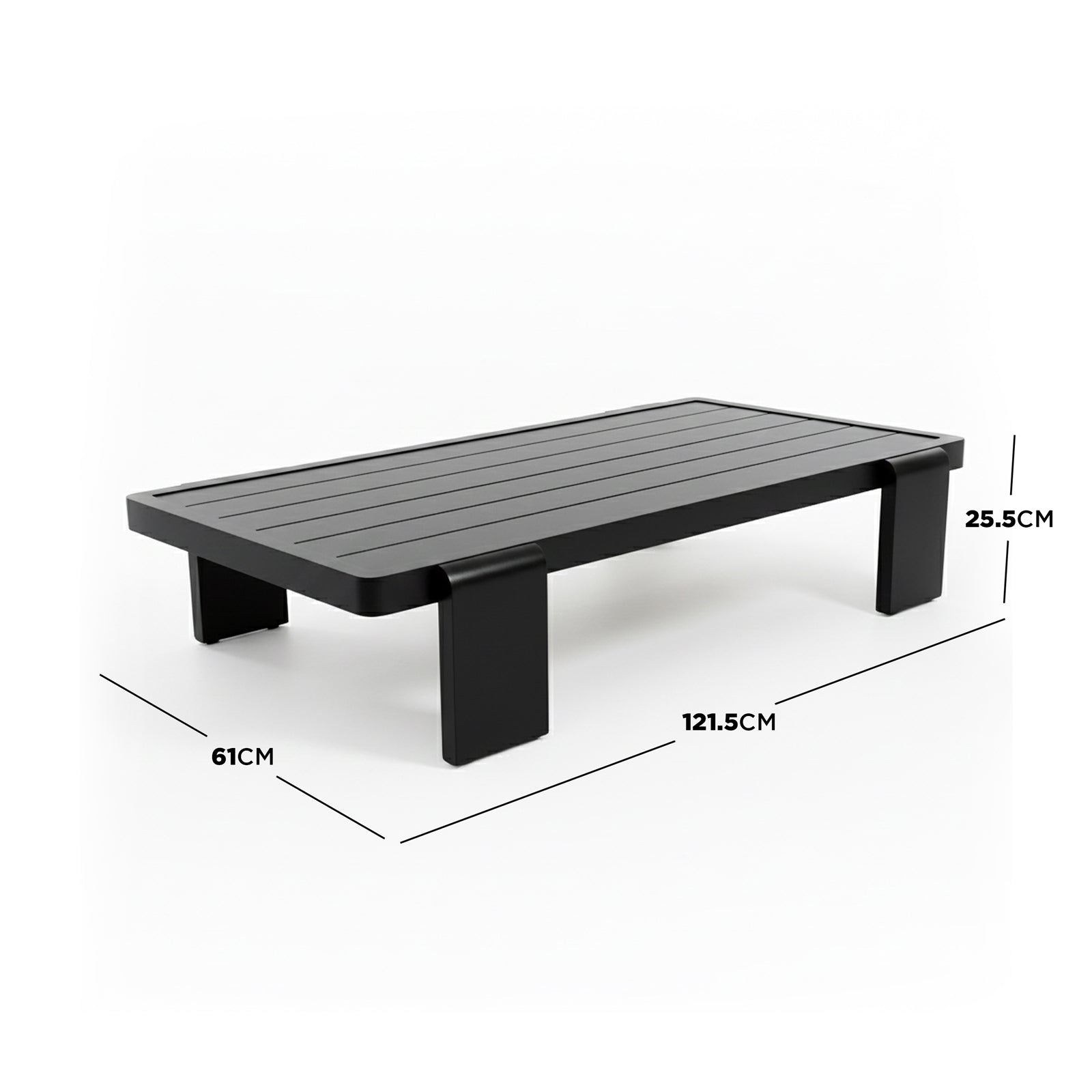 Modica 5 Seater Aluminium Outdoor Sofa Set in Black & Grey featuring sleek black aluminum frame, slatted low-profile design with U-shaped legs; ideal for modern outdoor lounging.