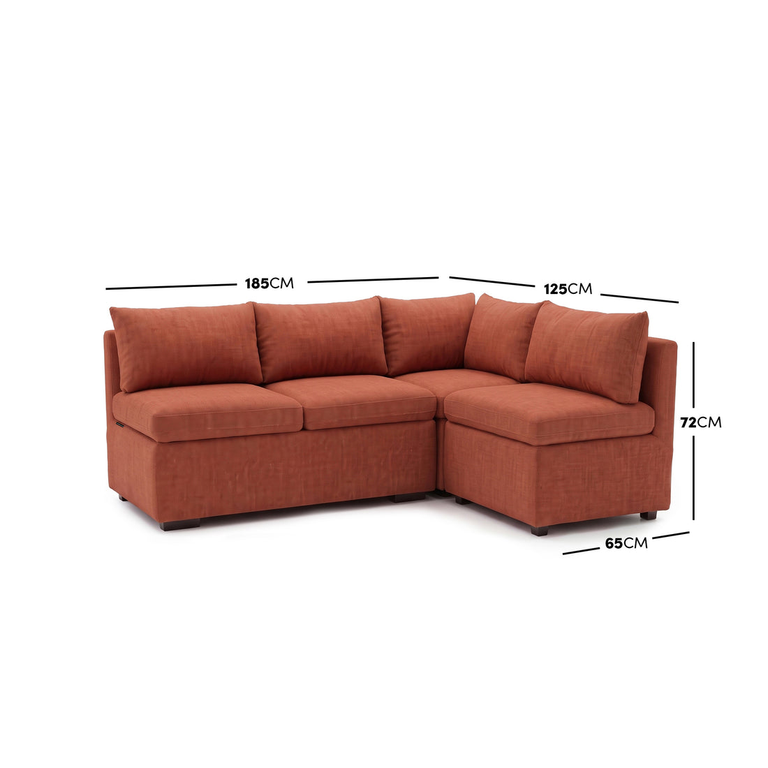 Terracotta sectional sofa with dimension measurements displayed