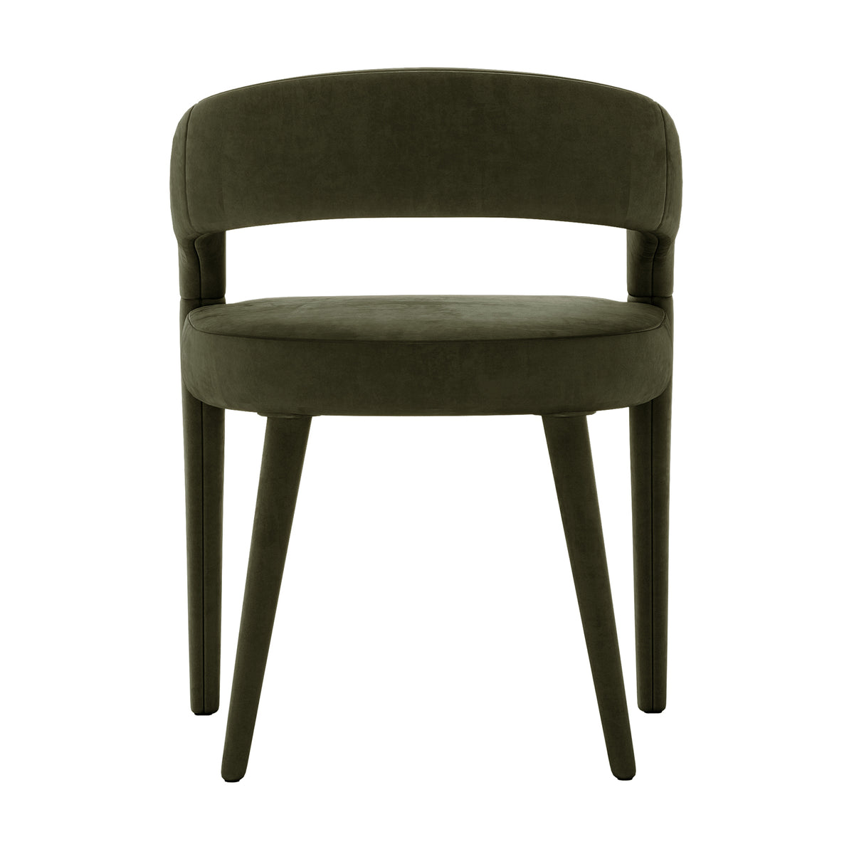 Eisha Velvet Dining Chair Set of 2 in Woodland Green, featuring a modern, minimalist design with a rounded low backrest, thick padded seat, and tapered legs, all upholstered in plush velvet.