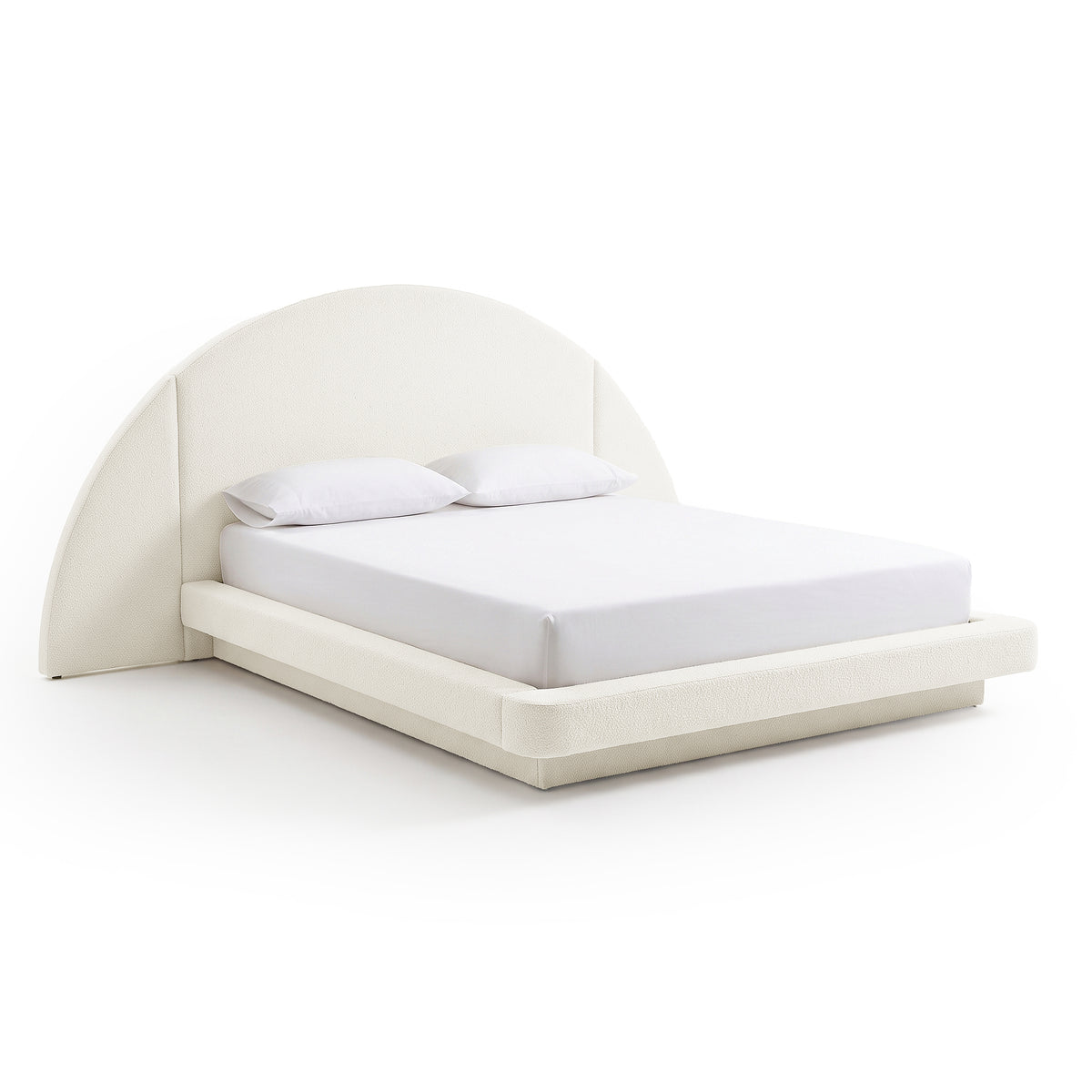 Modern upholstered bed with semi-circular headboard on a white background