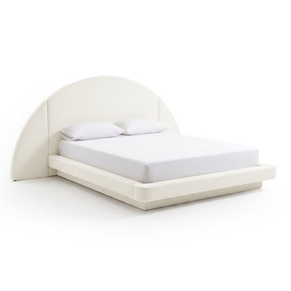 Modern upholstered bed with semi-circular headboard on a white background