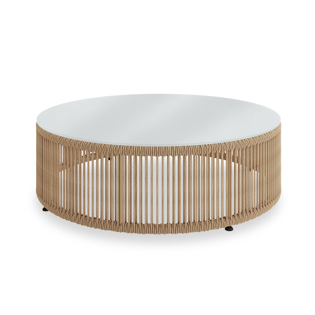Solari 4 Seater Wicker Outdoor Sofa Set in Natural features a low, round coffee table with a smooth white tabletop and a cylindrical base wrapped in natural-colored woven rope.