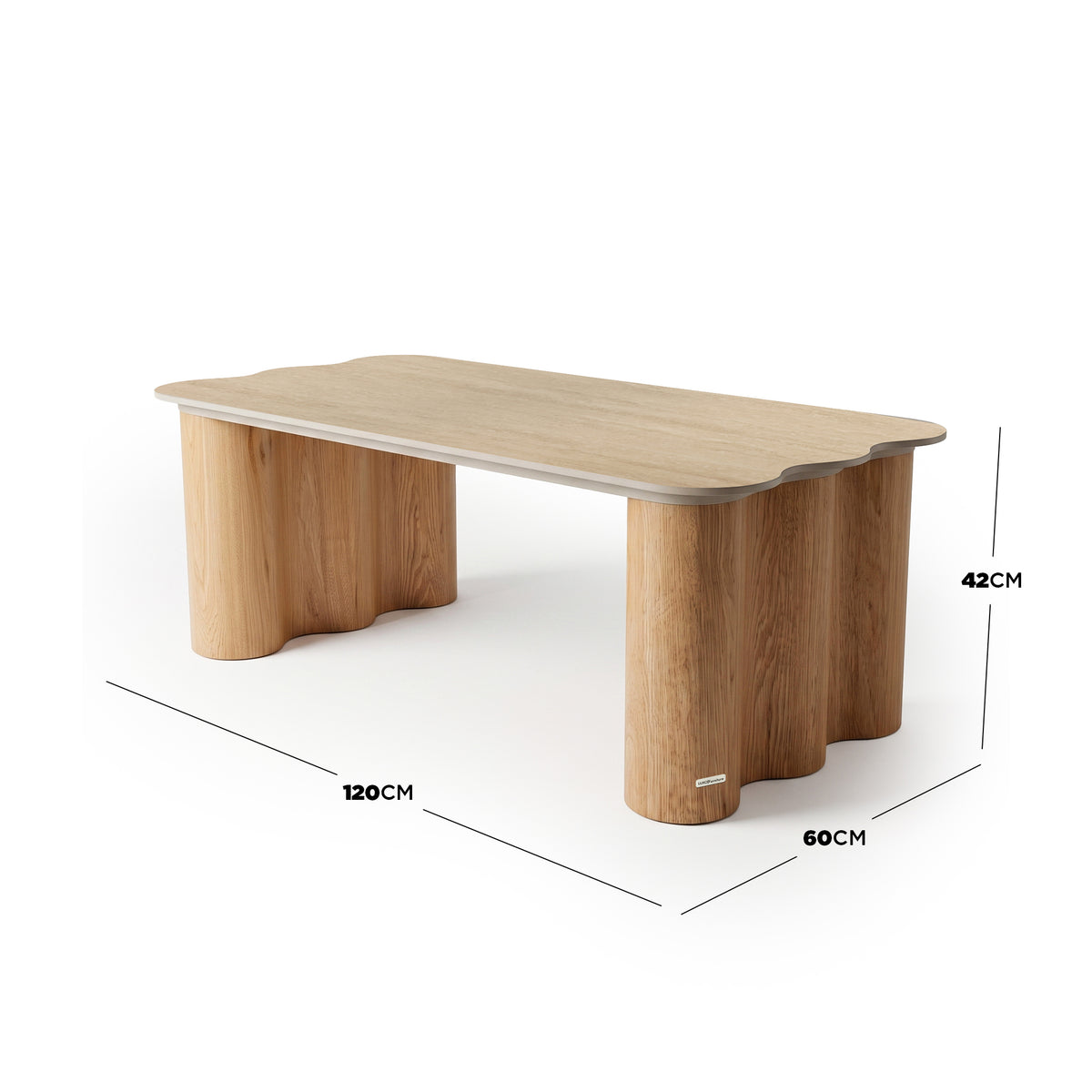 Wooden coffee table on white background with dimensions labeled 120 cm by 60 cm by 42 cm