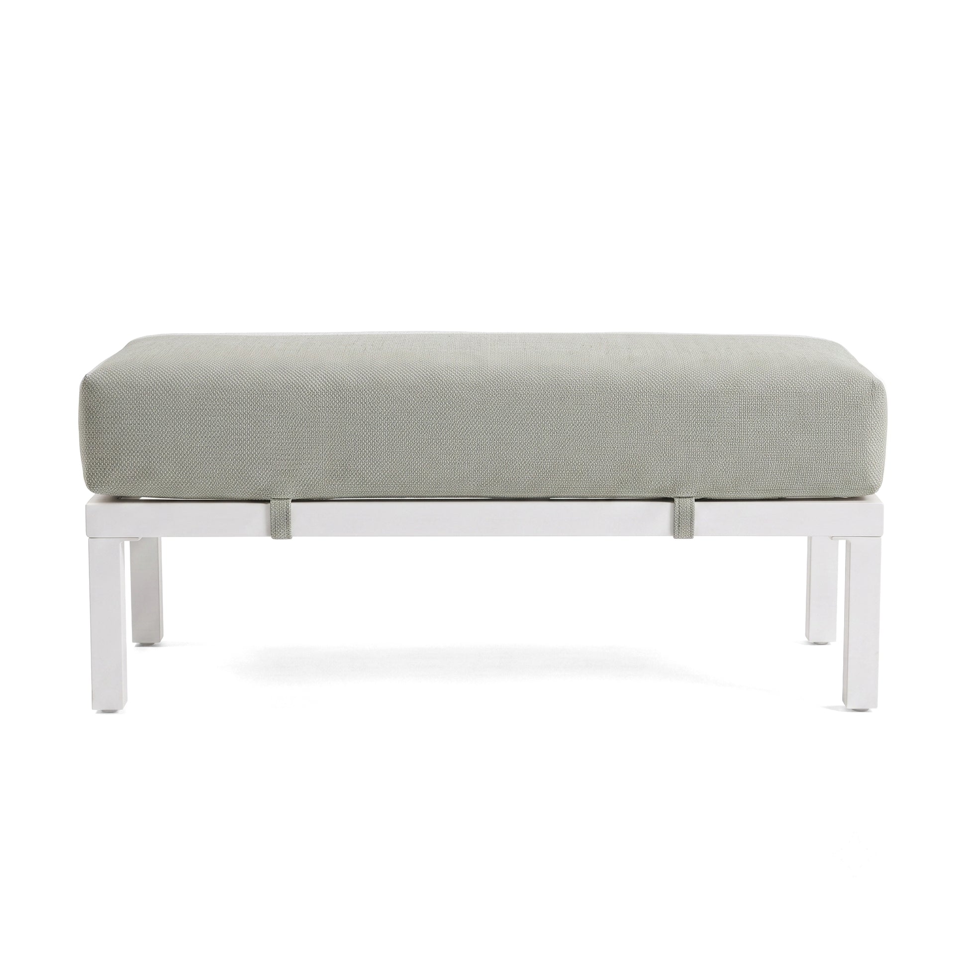 Modern outdoor bench or ottoman with light gray cushion on a white background