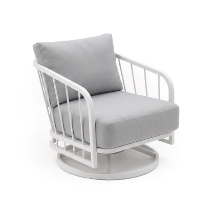 Modern armchair with white frame and light grey cushions on a white background