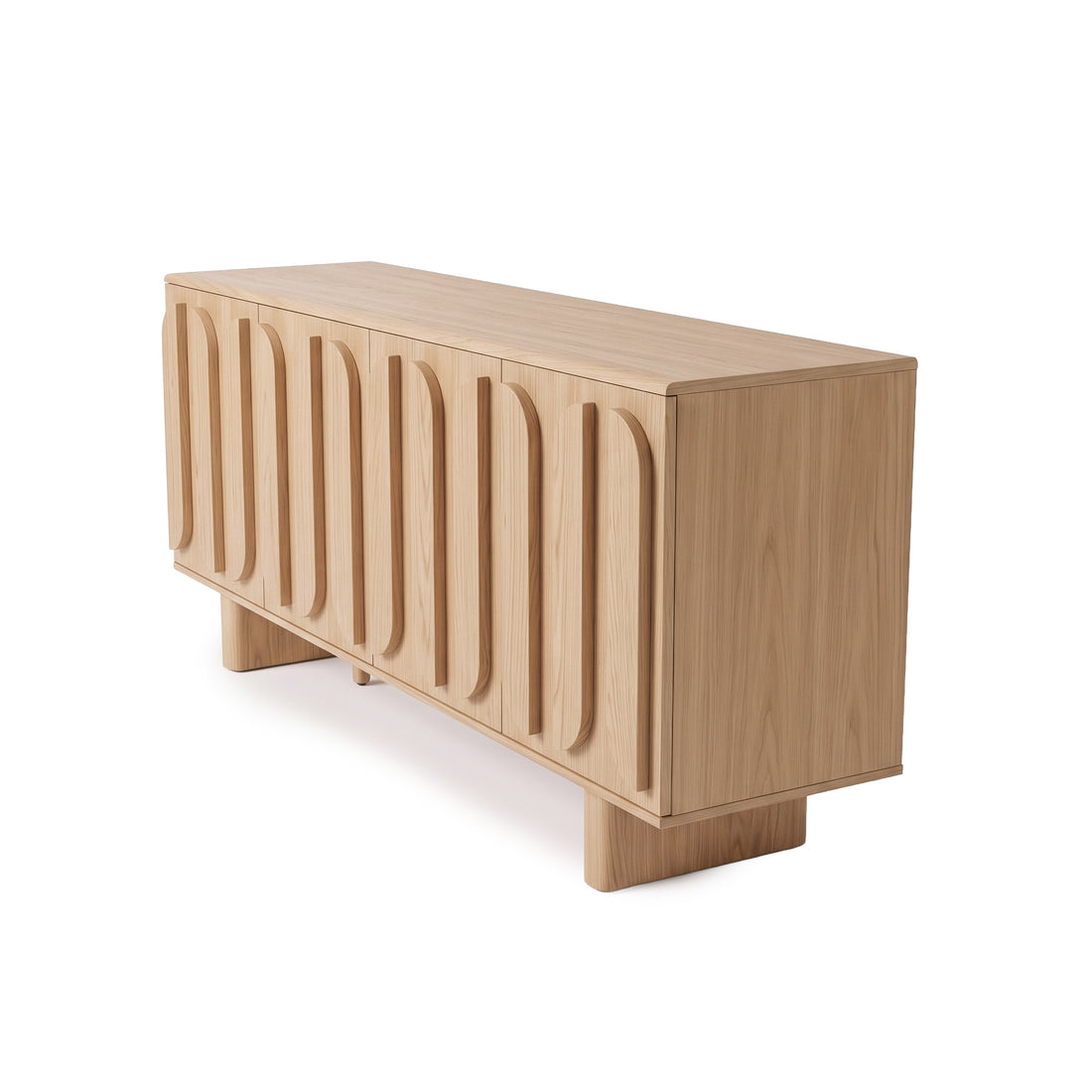 Wooden sideboard photographed at an angle on a white background showing front and side