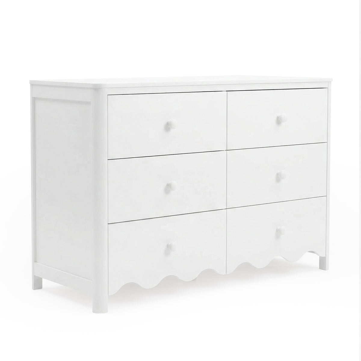 Angled view of white dresser on white background showing front and side