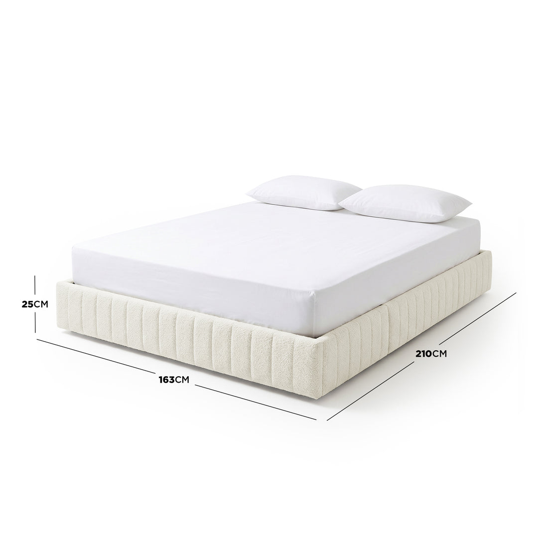 Upholstered bed with dimensional measurements on white background