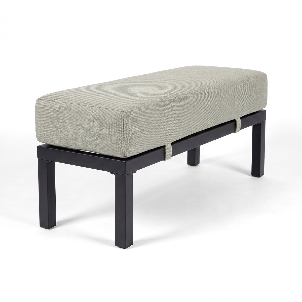 Modern bench with black metal frame on white background