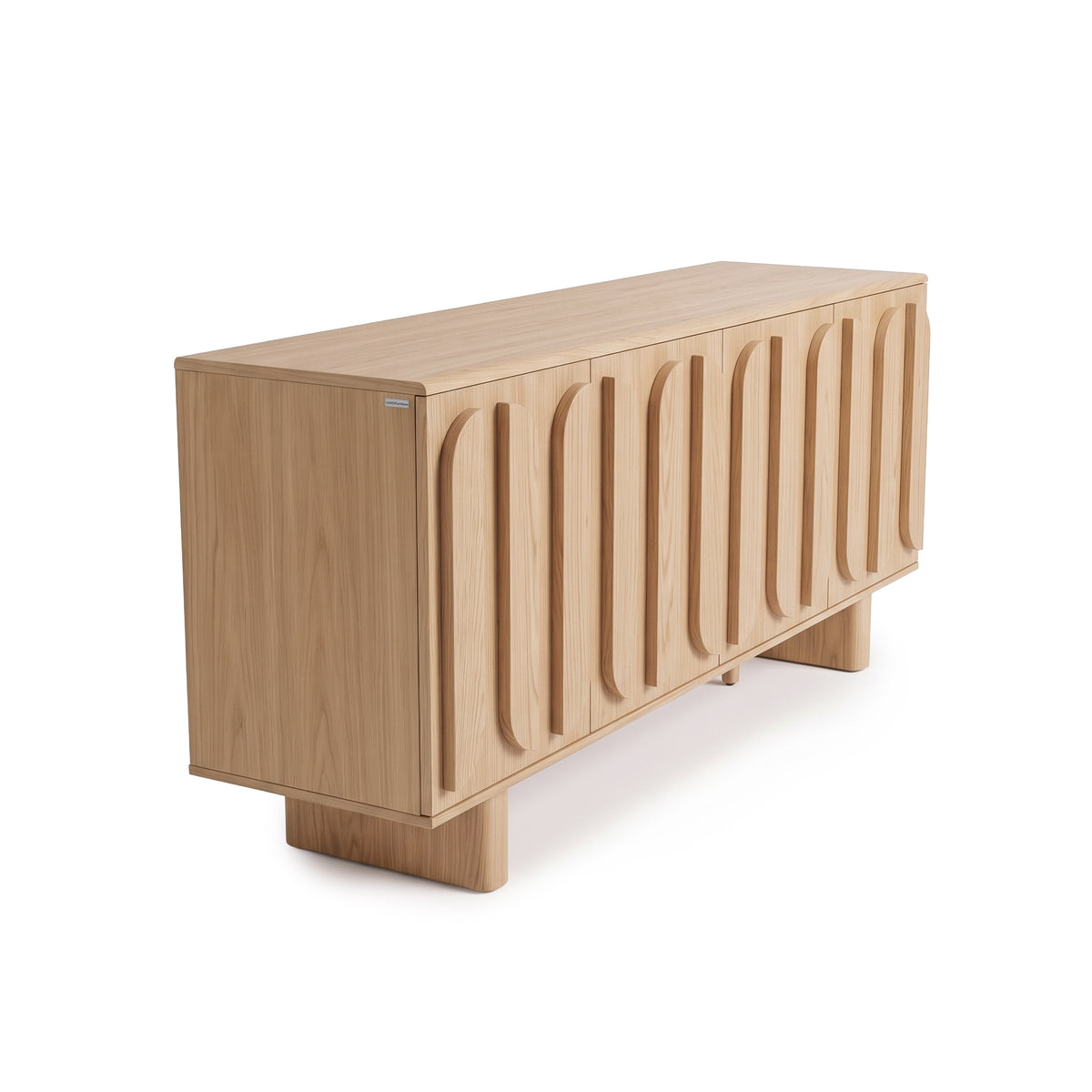 Modern wooden sideboard with vertical carved panel doors on a white background