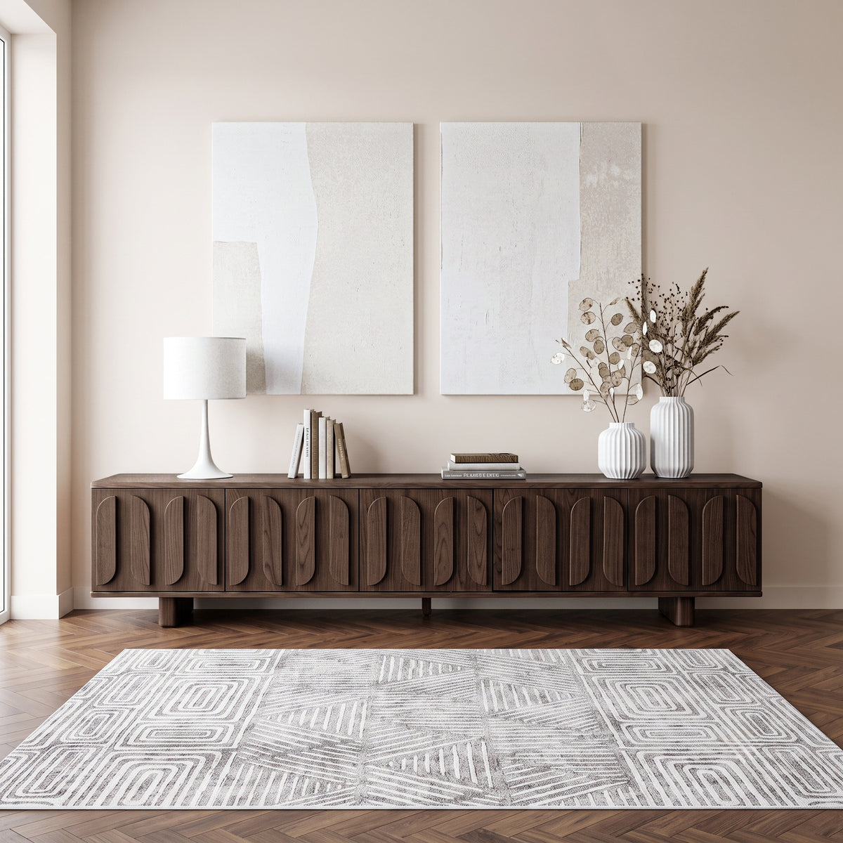Area rug styled in a modern living room with furniture and decor