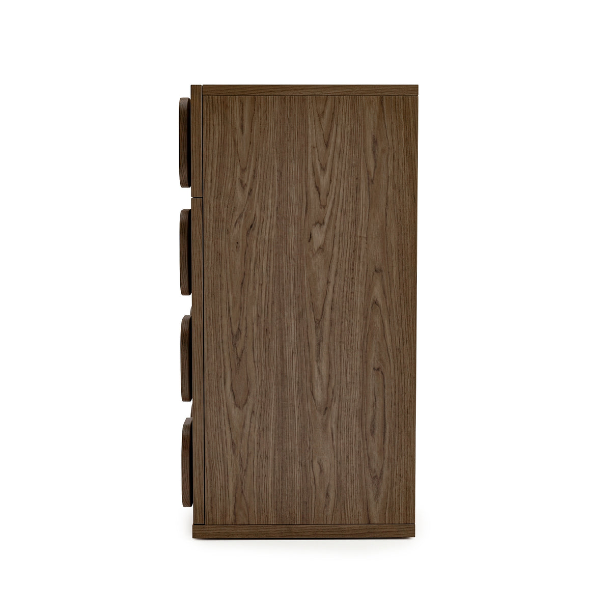 Side profile of a wooden cabinet on a white background