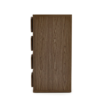 Side profile of a wooden cabinet on a white background