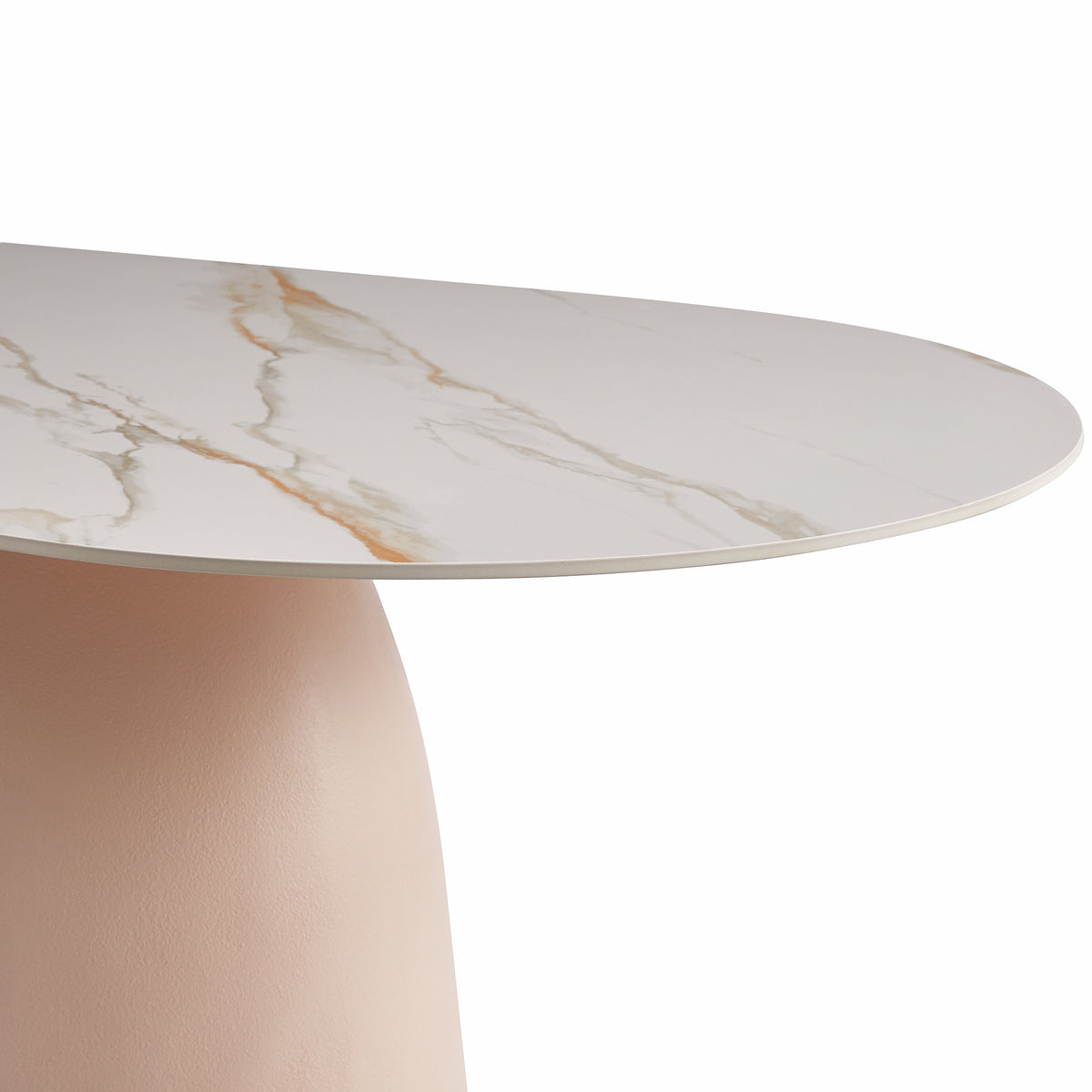 Partial view of modern table with marble-effect tabletop and rounded base on white background