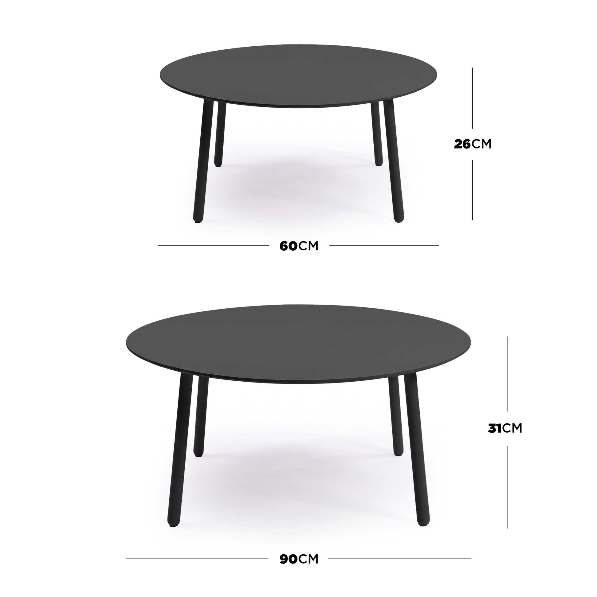 Two round nesting tables on white background with dimension measurements shown