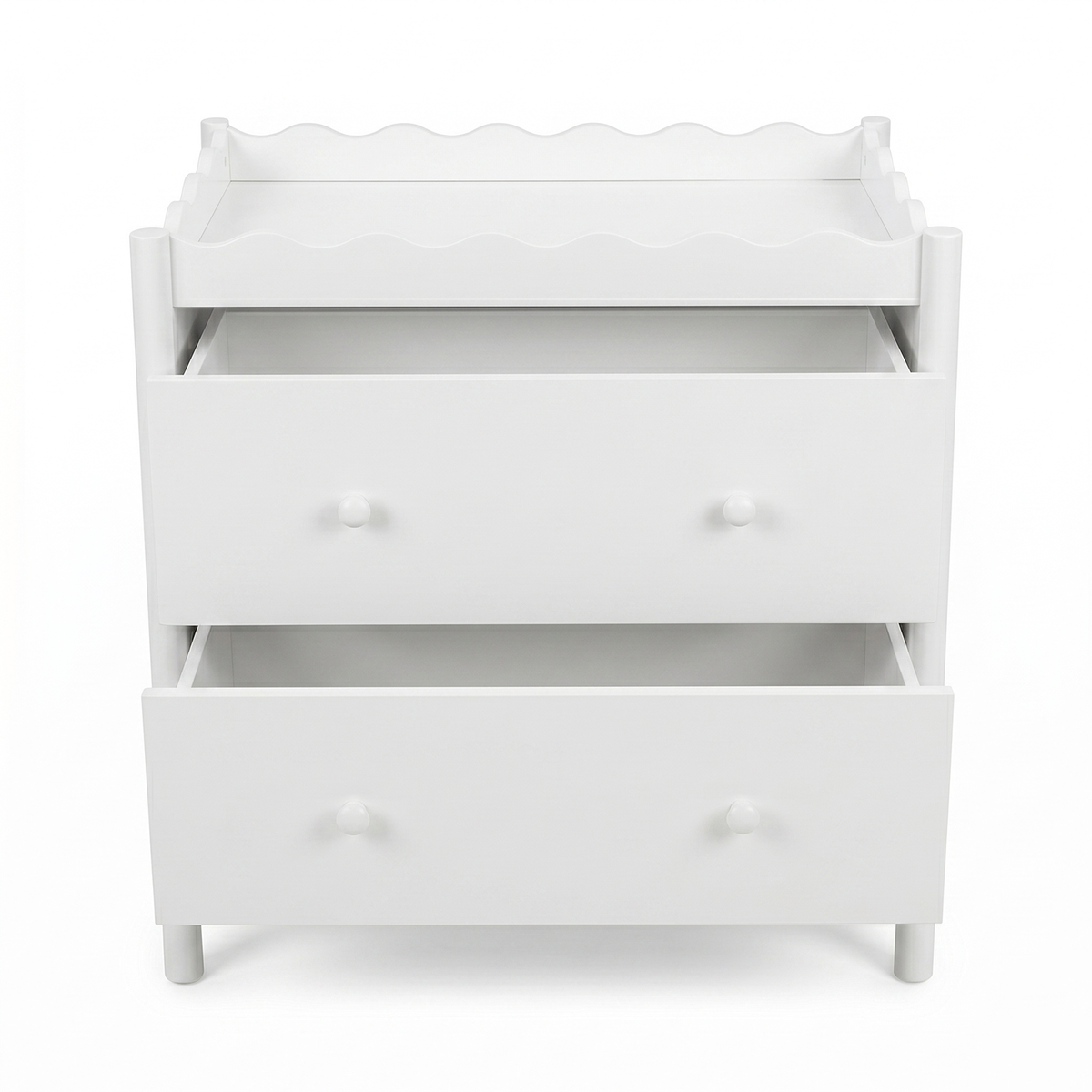 White changing table dresser with open drawers on a white background