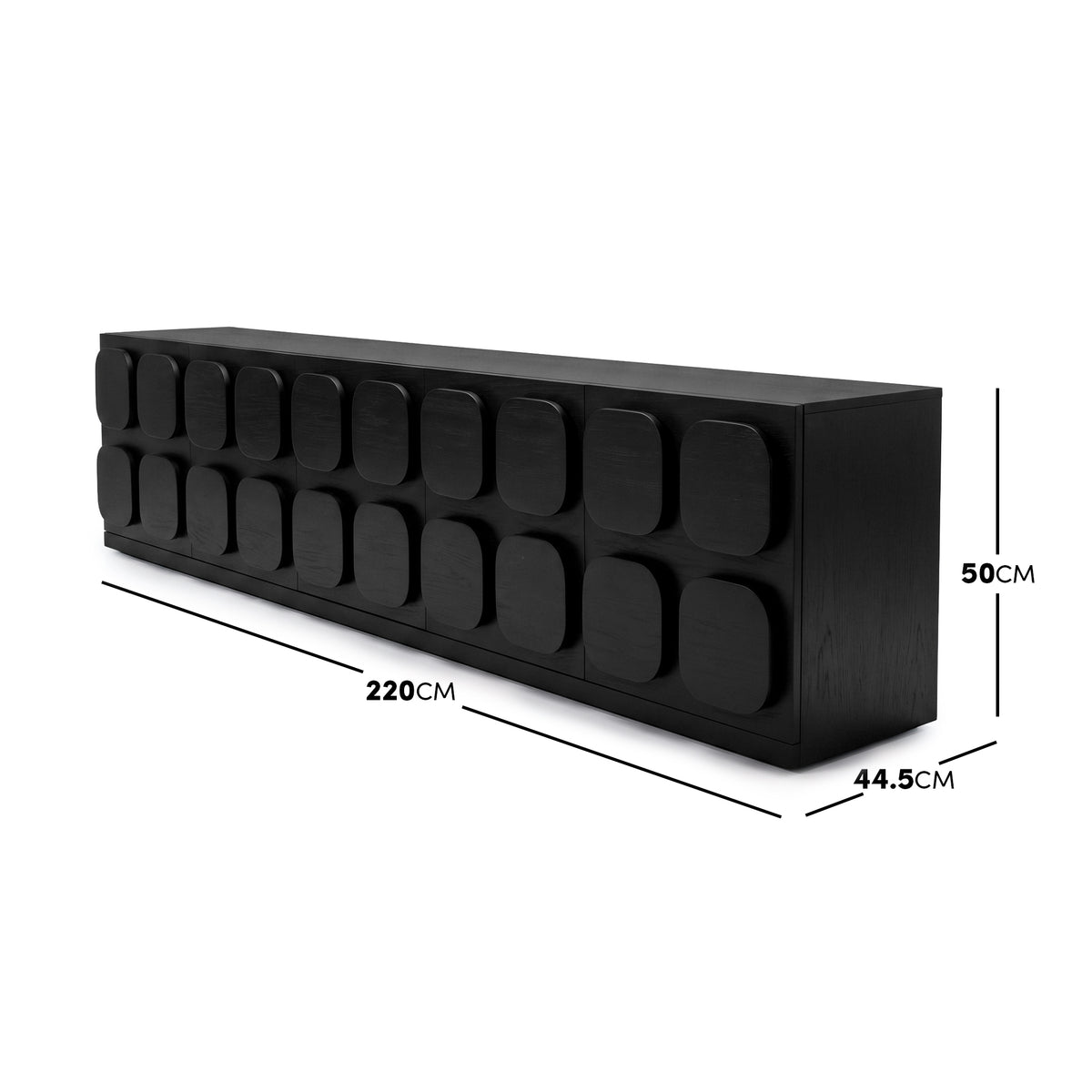 Black sideboard on white background with dimension measurements shown