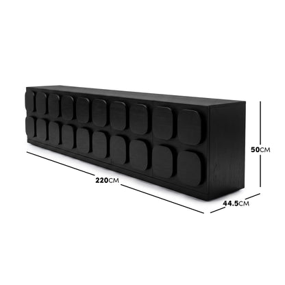 Black sideboard on white background with dimension measurements shown