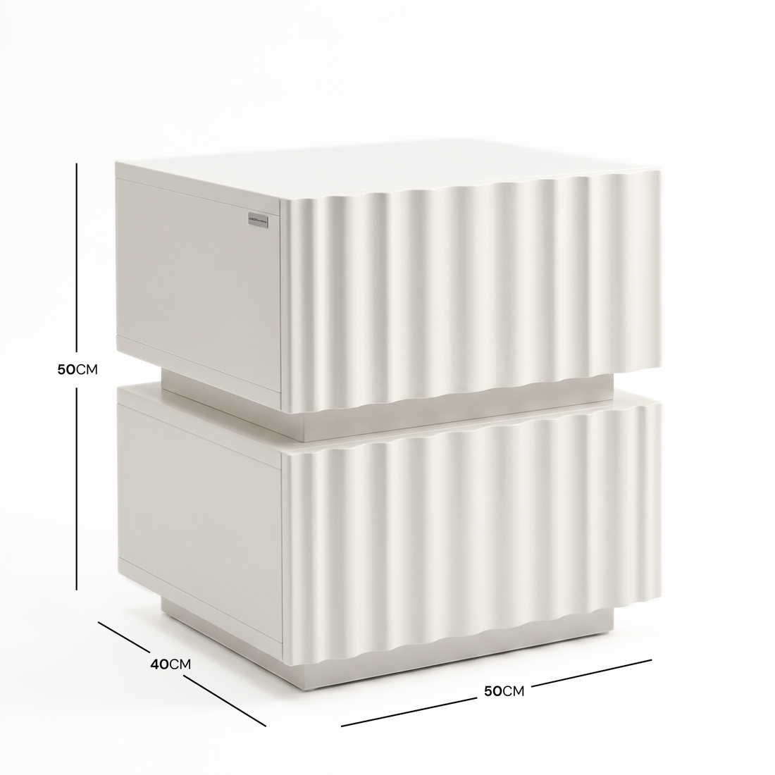 White nightstand with fluted fronts on white background with dimension markings.