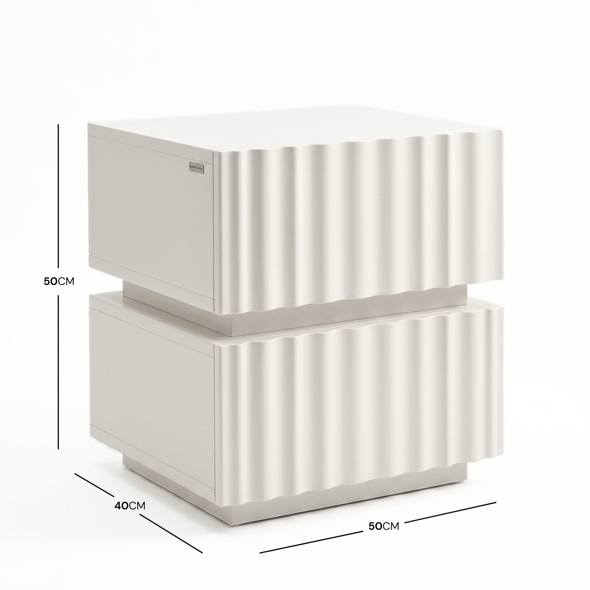 White nightstand with fluted fronts on white background with dimension markings.