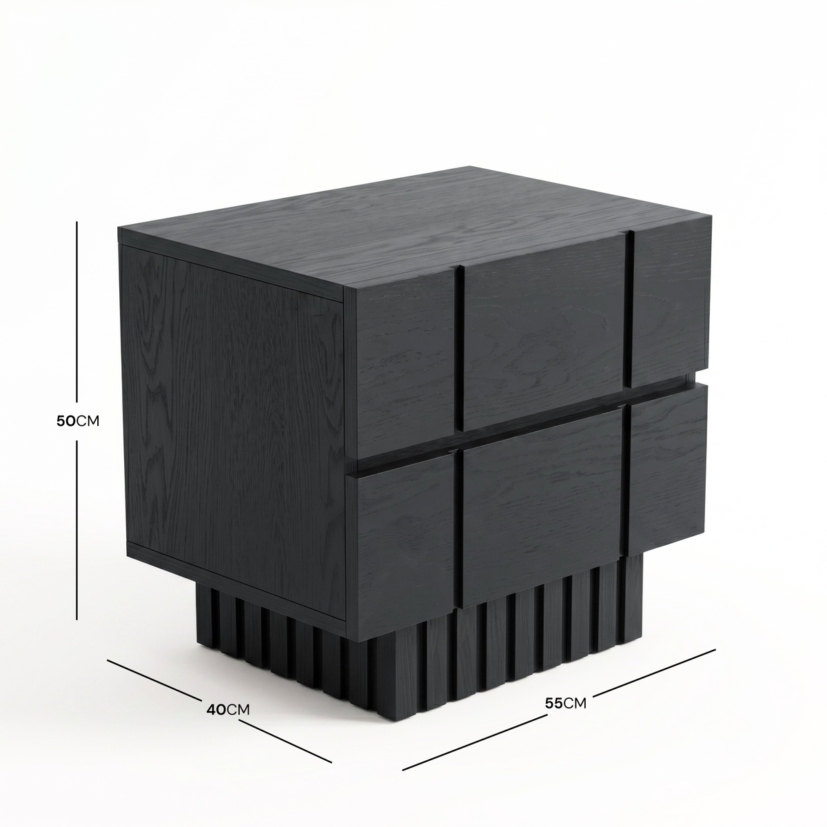 Black nightstand on white background with dimensions shown