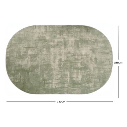 Oval sage green rug shown fully with 240 by 330 centimeter dimensions