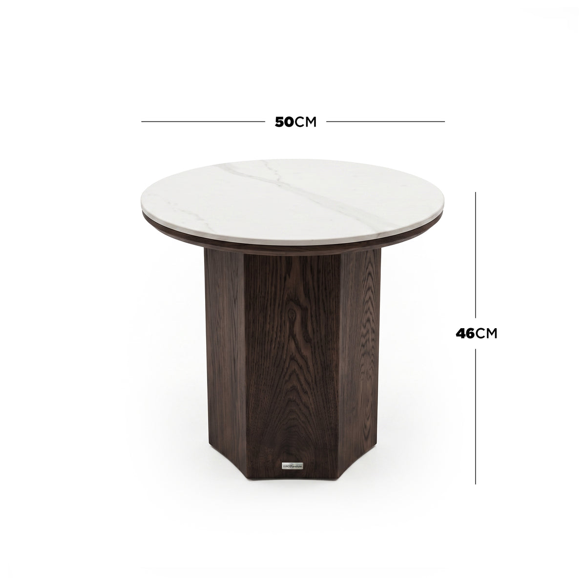 Round side table on white background with 50cm diameter and 46cm height dimensions shown