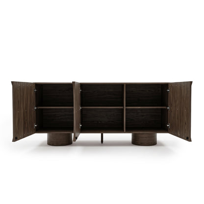 Wooden cabinet on white background with all doors open showing storage cubbies