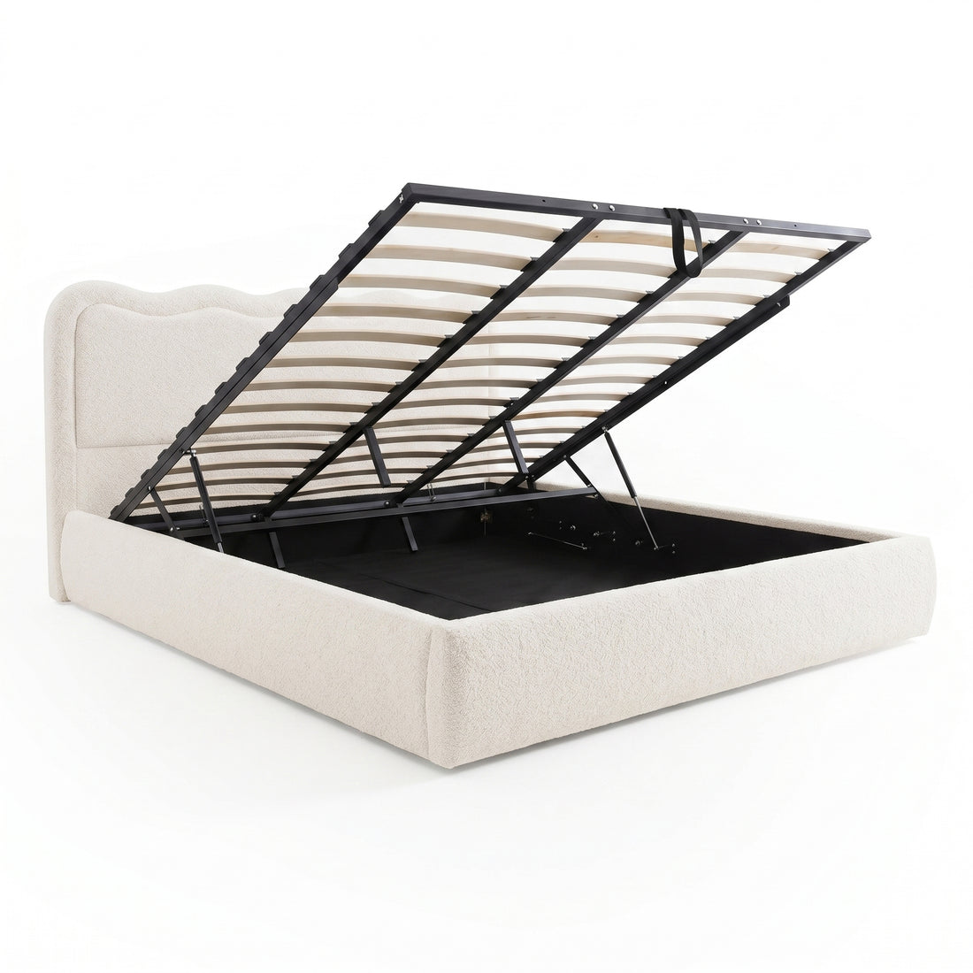 Upholstered bed frame on white background with storage compartment open