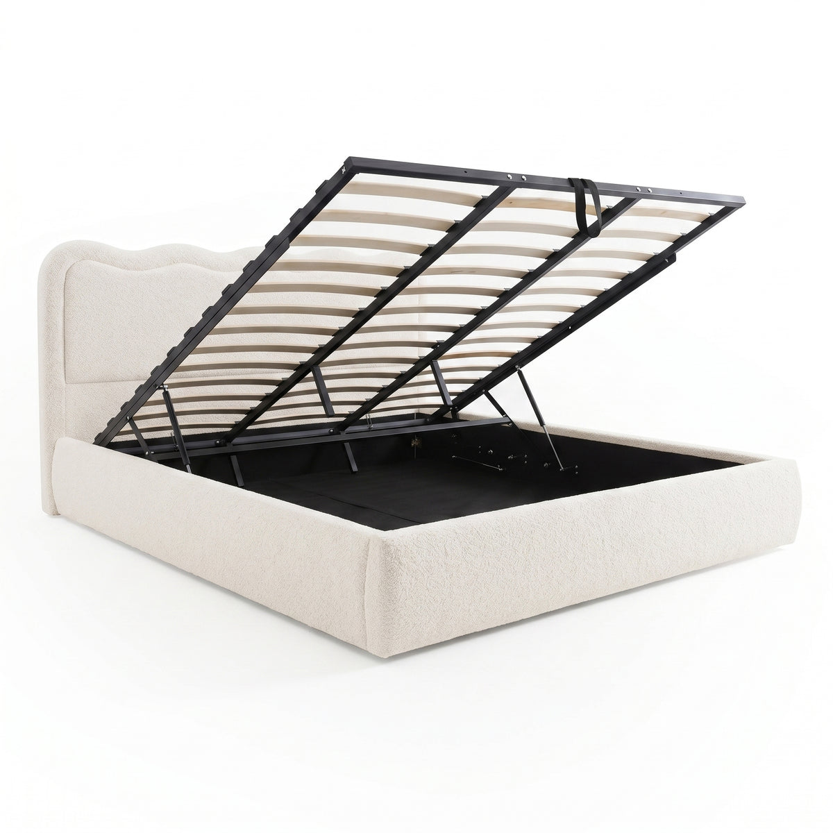 Upholstered bed frame on white background with storage compartment open